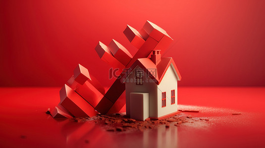 房地产背景图片_3D 插图房屋横幅背景，带有红色向下箭头，表明房地产市场下降