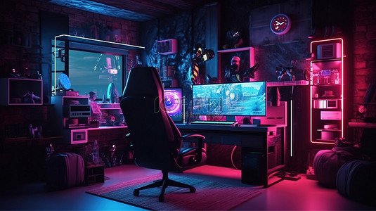 游戏玩家的数字天堂，探索带有电脑显示器和发光椅子的 3D 黑暗霓虹灯工作区