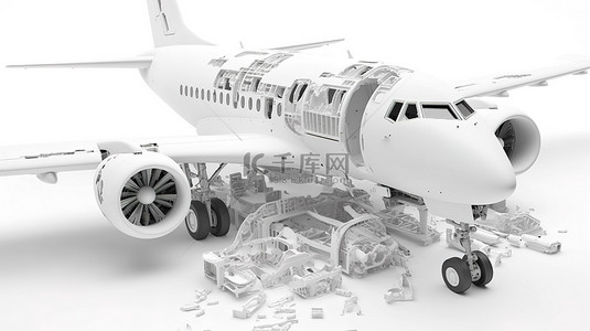白色飞机在白色背景下拆卸 3d 渲染的机器组件