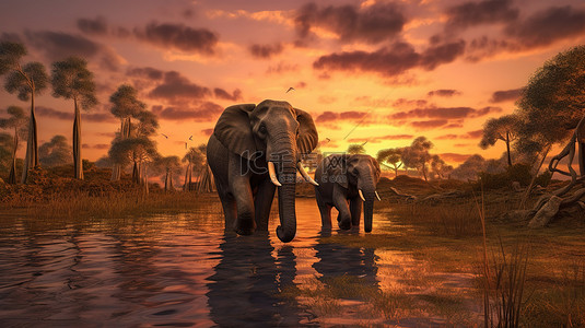 雄伟大象在绚丽日落下的渲染 3D 图像