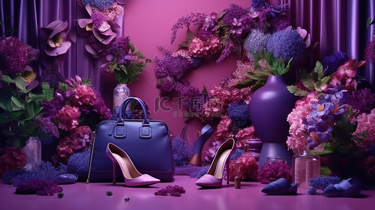 女士连衣裙背景图片_花朵填充紫色氛围晚装手袋鞋类和美容产品悬浮 3D 设计