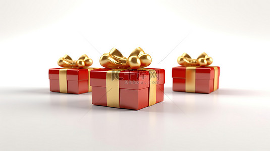 金色丝带蝴蝶结装饰白色背景上的红色礼品盒 3D 渲染图像，具有充足的复制空间