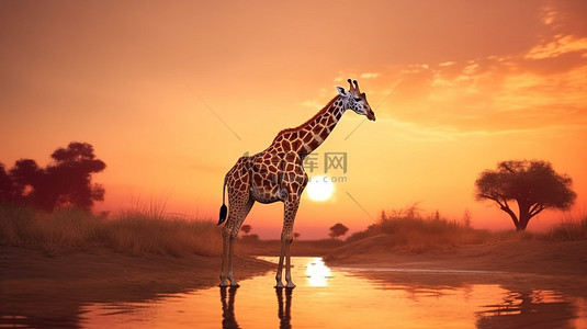 3d 渲染的长颈鹿在日落背景下