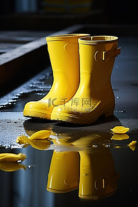 金属桌上水中的黄色橡胶靴