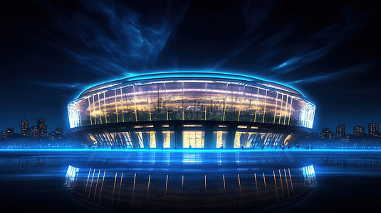 背景模糊的 3D 渲染中足球场正面的照明夜景