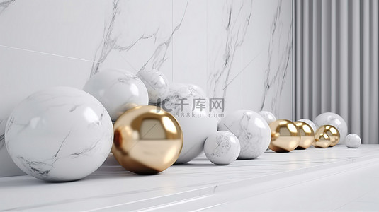 抽象室内现代简约的 3D 渲染，采用白色大理石和金色装饰