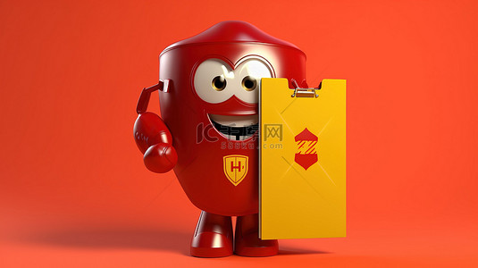 3d 渲染红色金属盾吉祥物，在充满活力的黄色背景上配有红色塑料剪贴板纸和铅笔