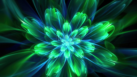 未来派 3D 插图，采用充满活力的绿色和蓝色霓虹灯配色方案，具有几何花卉图案和发光光束