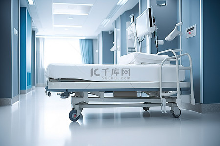 病床背景图片_干净的走廊里的病床
