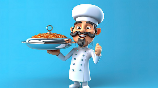 银托盘厨师卡通风格的 3D 插图厨师呈现菜肴