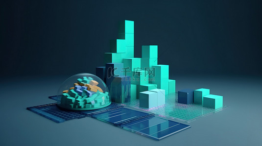 蓝色背景下 3D 财务顾问和数据分析师概念的渲染