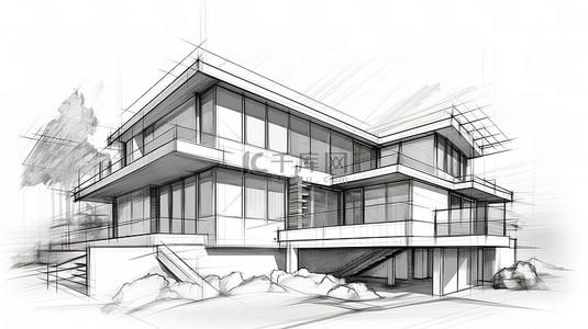 现代建筑视角下房屋建筑的 3D 线框插图