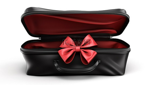 蝴蝶结黑色红色背景图片_白色隔离旅行袋的 3D 插图，带有未包装的红色蝴蝶结