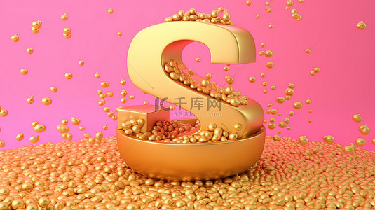 粉红色背景上带有金色字母堆栈的字母汤概念的 3D 插图