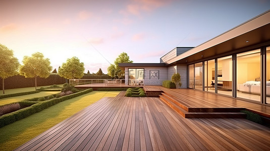 优雅的现代住宅，设有宽敞的木甲板和郁郁葱葱的草坪
