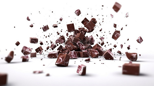 巧克力块层叠到空白白色表面上的 3D 渲染插图