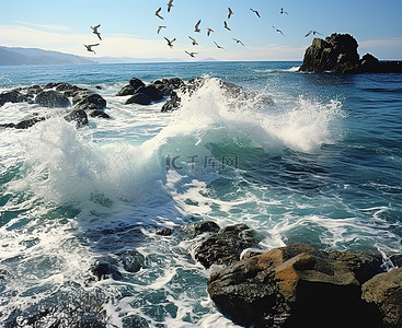 小鸟飞过海岸的岩石和海浪