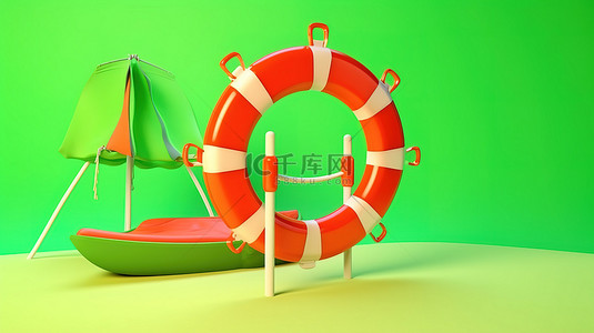 假期生活假期背景图片_夏日生活充满活力的红色文字包裹在带沙滩伞的救生圈中，背景是鲜绿色的 3d 渲染