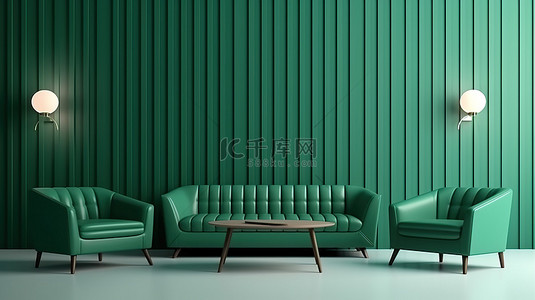 客厅采用中世纪现代室内设计和 3D 渲染的醒目的绿色墙壁图案