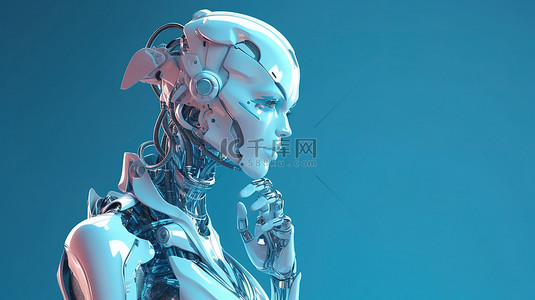 蓝色背景 3D 渲染的机器人或机器人思考