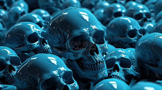 蓝色 3d 渲染的头骨在一个险恶的致命视角