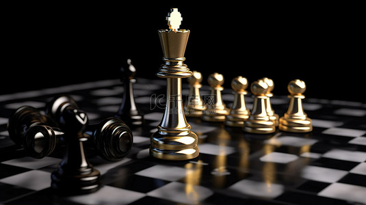 战略目标盘点背景图片_国际象棋游戏目标 3D 渲染棋子和皇后在黑色背景上