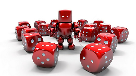红色游戏骰子飞行的 3D 渲染，吉祥物在白色背景上覆盖着红色金属保护罩