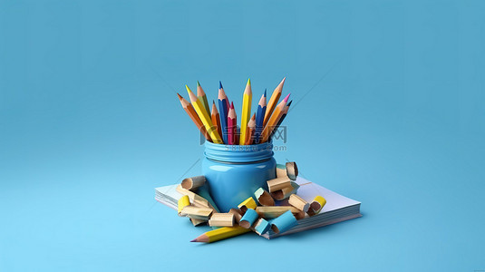 蓝色背景与 3D 铅笔和书籍教育的例证