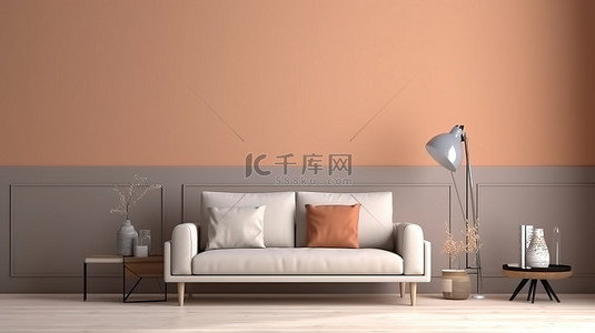 带沙发壁灯和家居室内样机装饰的客厅的 3D 渲染