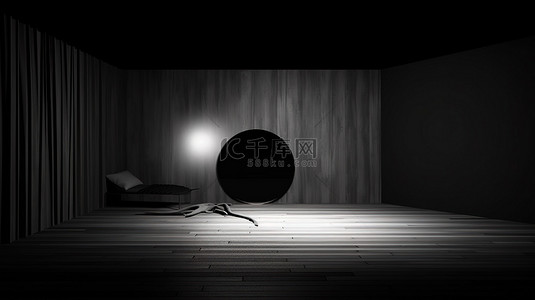 满月在黑暗的房间 3D 渲染中投射出怪异的光影
