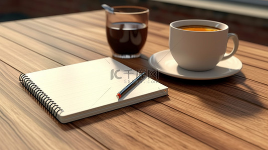 饮料木桌背景图片_木桌装饰着一杯咖啡和 3D 呈现的笔记本