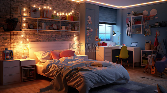 青少年梦想 3D 渲染时尚舒适的卧室，配有夜间照明