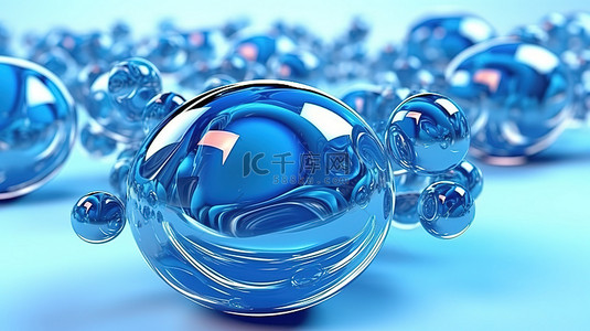 在抽象插图 3d 渲染中融合蓝色球体