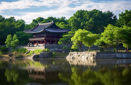 夏天河边背景图片_河边的韩国寺庙