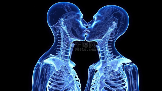 男性和女性机器人在 3D X 射线渲染中分享温柔的吻