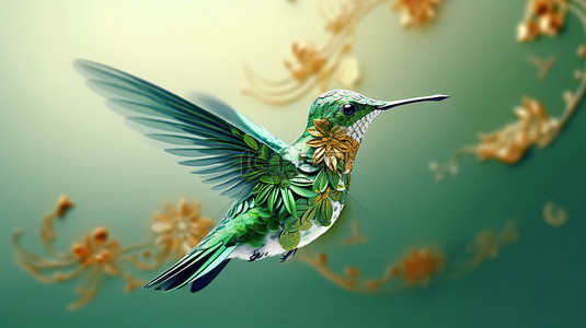 蜂鸟采蜜背景图片_华丽的 3D 艺术品，采用充满活力的绿色复古设计，围绕着蜂鸟的白色剪影
