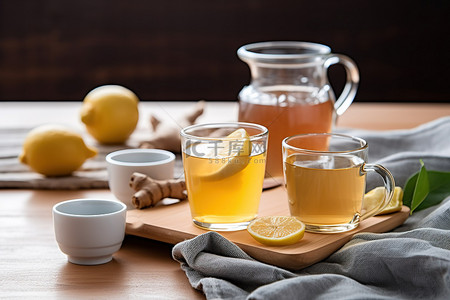 柠檬茶柠檬背景图片_木桌上放着三种花草茶和一些热柠檬，加蜂蜜