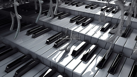 鋼琴音符背景图片_具有 3d 钢琴键和高音谱号音符渲染的音乐背景