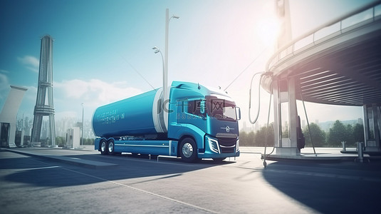 员工工卡设计背景图片_带有卡车和喷气机的氢气站的 3D 渲染为氢能的未来铺平了道路