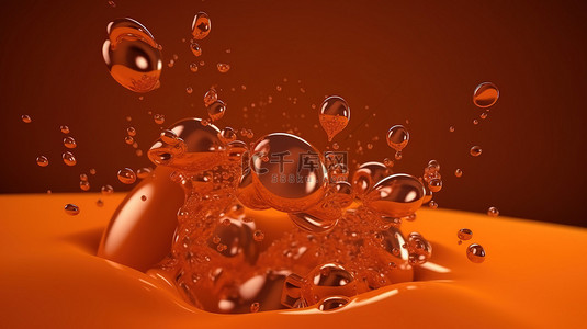 带有气泡分散的橙色液体的 3d 渲染