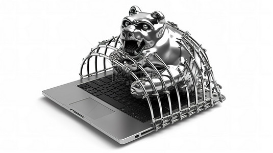 金属熊陷阱和白屏现代笔记本电脑的 3D 渲染，适合您在白色背景上的设计