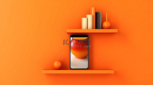 科技办公室背景图片_橙色墙架上显示的水平背景横幅的 3D 插图，其中包含手机