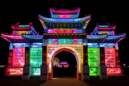 白天晚上背景图片_多色照明的中国墙