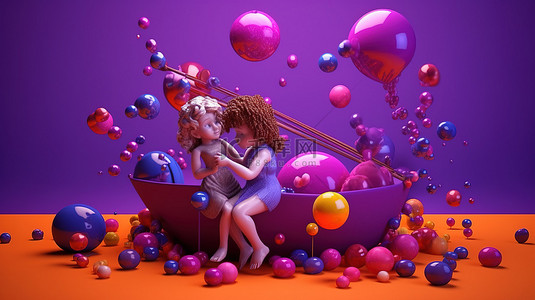 海尔背景图片_在令人惊叹的 3D 渲染中，竖琴手和丘比特漂浮在紫色背景下的彩色球海中