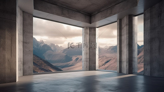 三大支柱背景图片_多山的背景增强了具有巨大支柱结构的空混凝土房间的 3D 渲染