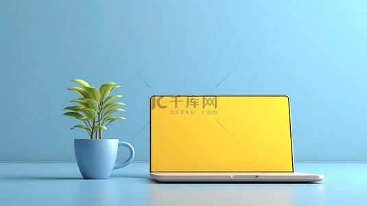 桌面背景咖啡背景图片_黄色桌子背景上小植物笔记本电脑和蓝色杯子的真实 3D 渲染
