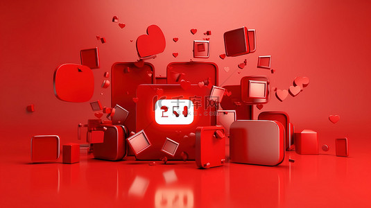 红色的网络符号背景图片_红色背景的正面视图，带有社交媒体符号图标和不喜欢 3D 渲染中的文本框