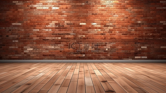 中木板背景图片_3D 渲染的空房间中木板木地板和红砖垃圾墙的强烈特写