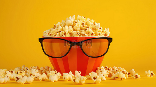 电影之夜极乐爆米花碗和充满活力的黄色背景上的 3D 眼镜