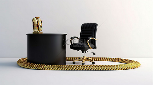 屏障绳环绕展位，配有时尚的黑色皮革行政椅和原始白色背景 3D 渲染上闪闪发光的金色奖杯